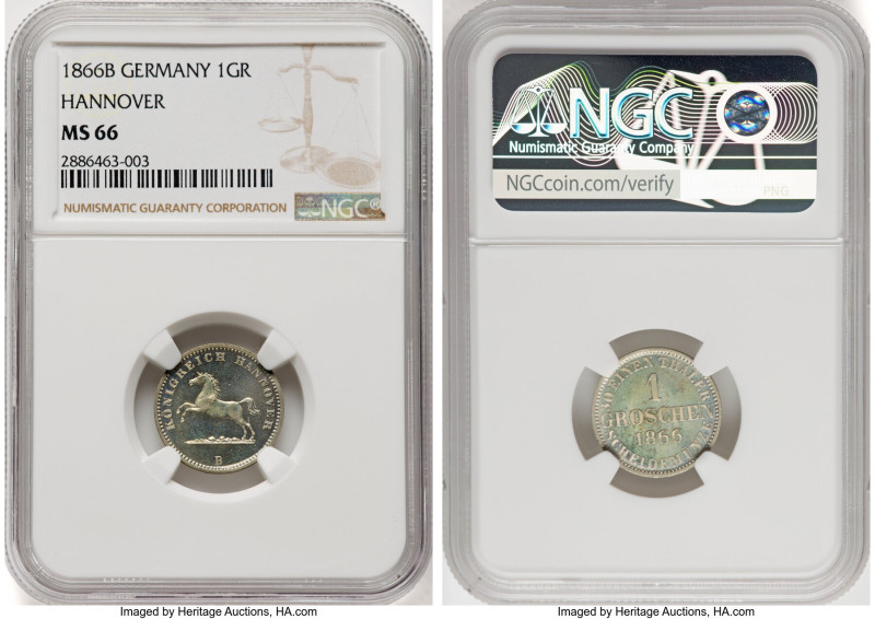 Hannover. George V Groschen 1866-B MS66 NGC, Hannover mint, KM236. Almost proofl...