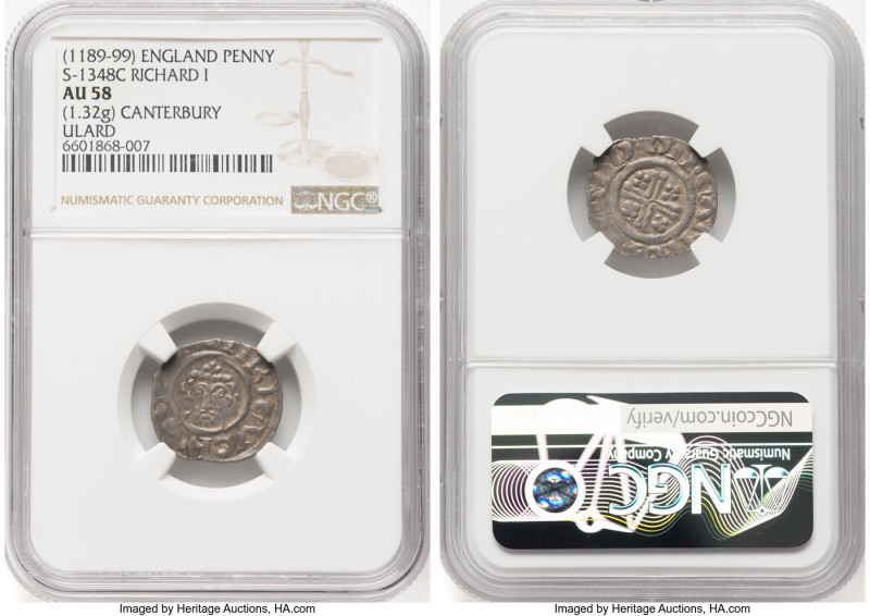 Richard I silver Penny ND (1189-99) AU58 NGC, Canterbury mint, Ulard as moneyer,...