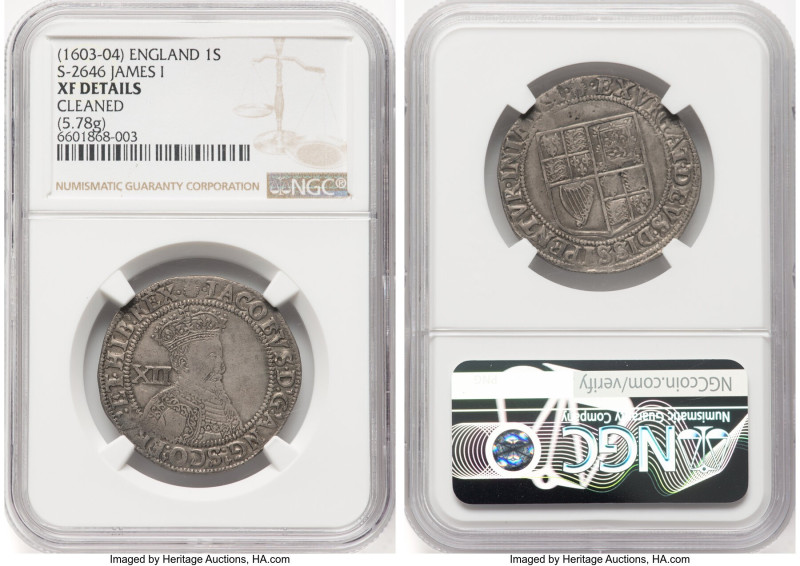 James I Shilling ND (1603-1604) XF Details (Cleaned) NGC, Tower mint, Thisle min...