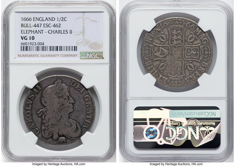 Charles II 1/2 Crown 1666 VG10 NGC, KM428.3, ESC-447 (prev. ESC-462). Elephant b...