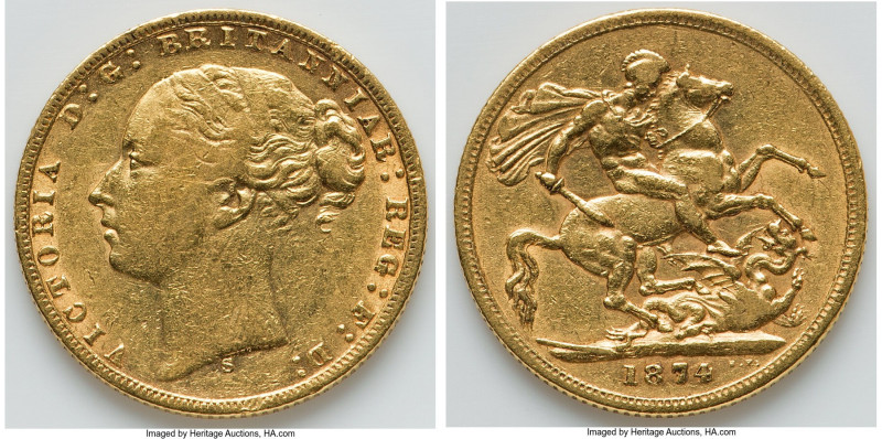 Victoria gold "St. George" Sovereign 1874-S XF (Cleaned) Sydney mint, KM7, S-385...