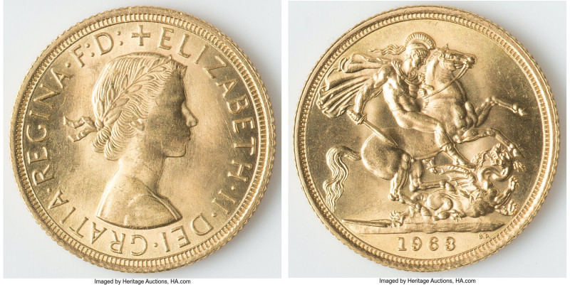 Elizabeth II gold Sovereign 1963 UNC, KM908, S-4125. Distinguished by very fine ...