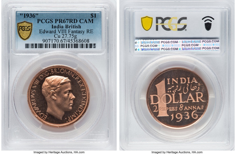 British India. Edward VIII copper Proof Fantasy Dollar 1936-Dated PR67 Red Cameo...