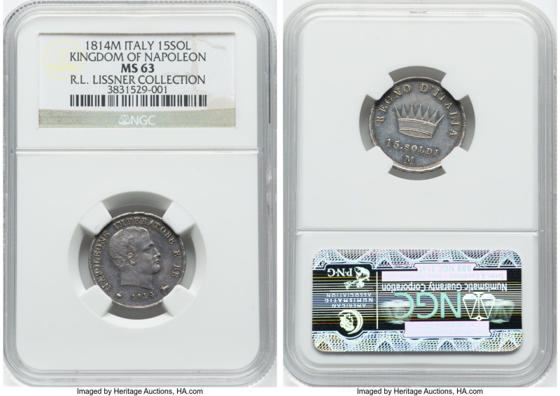 Kingdom of Napoleon. Napoleon I 15 Soldi 1814-M MS63 NGC, Milan mint, KM-C7. Ex....