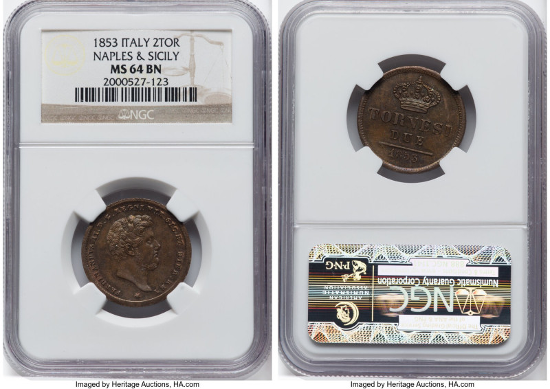 Naples & Sicily. Ferdinand II 2 Tornesi 1853 MS64 Brown NGC, KM327. This near-Ge...