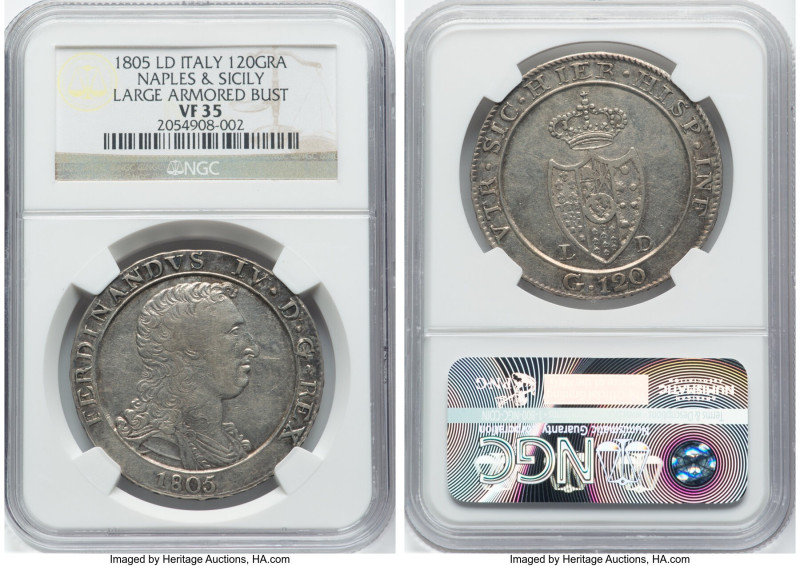 Naples & Sicily. Ferdinand IV 120 Grana 1805-LD VF35 NGC, KM246. Large armored b...