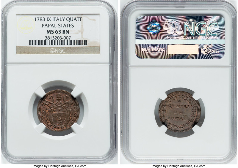 Papal States. Pius VI Quattrino Anno IX (1783) MS63 Brown NGC, Rome mint, KM1223...