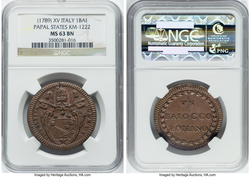 Papal States. Pius VI Baiocco Anno XV (1789) MS63 Brown NGC, Rome mint, KM1222. ...