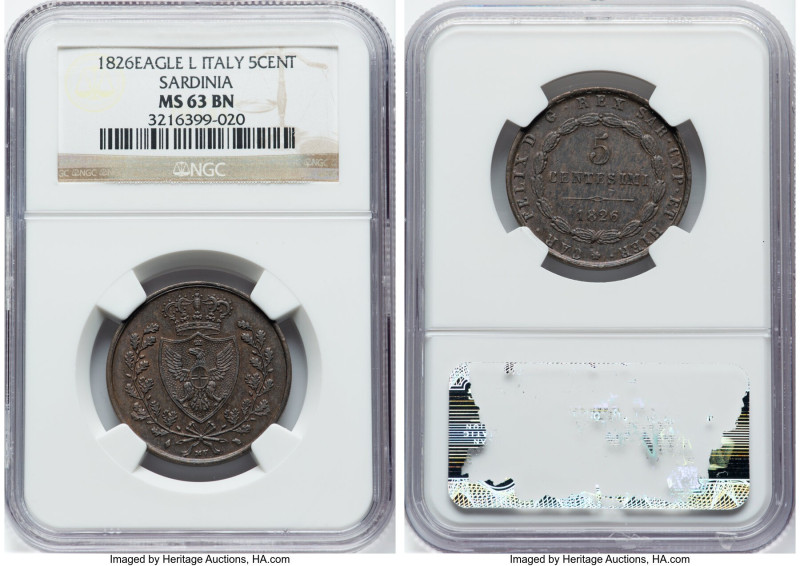 Sardinia. Carlo Felice 5 Centesimi 1826 Eagle-L MS63 Brown NGC, Torino mint, KM1...