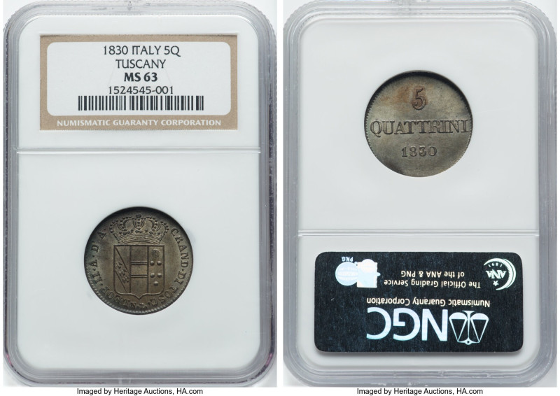 Tuscany. Leopold II 5 Quattrini 1830 MS63 NGC, KM-C65. Lustrous and choice. From...