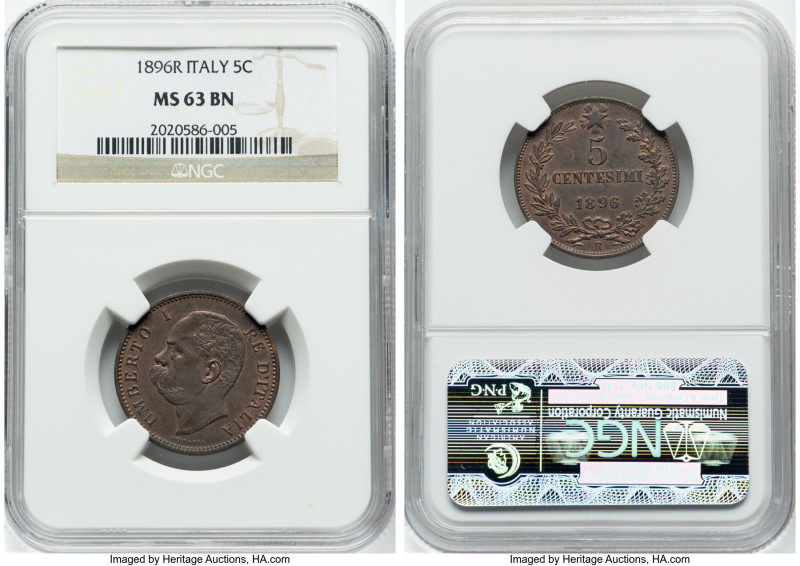 Umberto I Pair of Certified 5 Centesimi 1896-R MS63 Brown NGC, Rome mint, KM31. ...