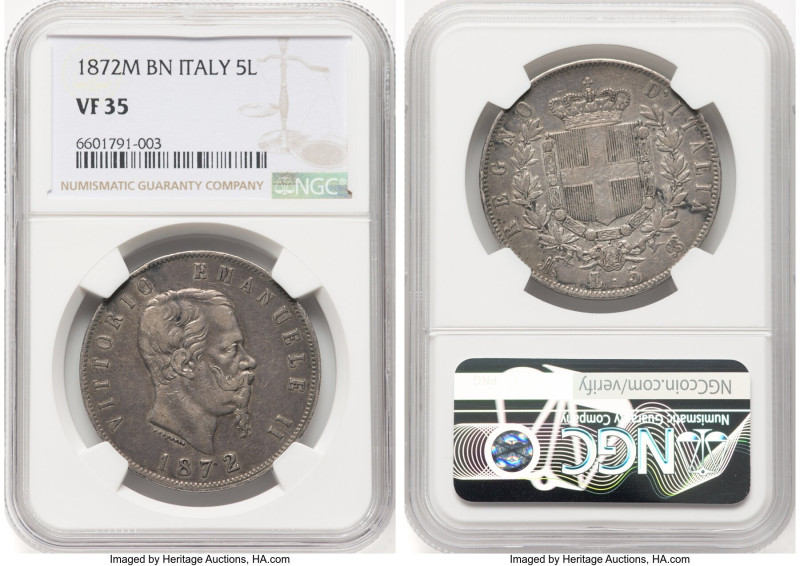 Vittorio Emanuele II 5 Lire 1872 M-BN VF35 NGC, Milan mint, KM8.3. HID0980124201...