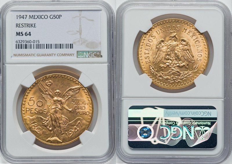 Estados Unidos gold Restrike 50 Pesos 1947 MS64 NGC, Mexico City mint, KM481. HI...