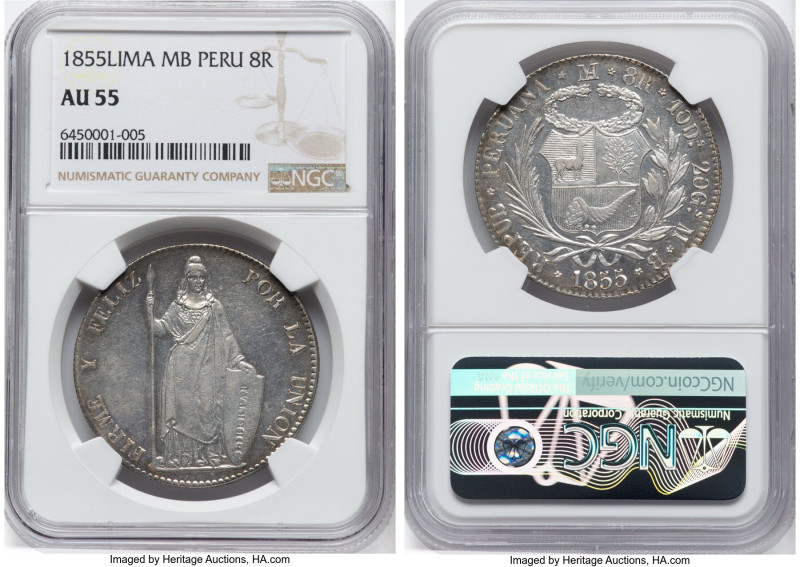 Republic 8 Reales 1855 LM-MB AU55 NGC Lima mint, KM142.10a. Some nice luster and...