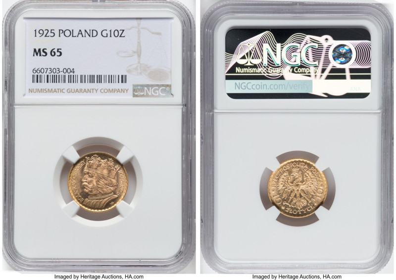 Republic gold 10 Zlotych 1925-(w) MS65 NGC, Warsaw mint, KM-Y32. A pleasing Gem ...