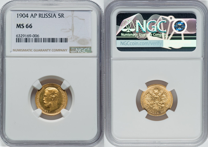 Nicholas II gold 5 Roubles 1904-AP MS66 NGC, St. Petersburg mint, KM-Y62, Fr-180...