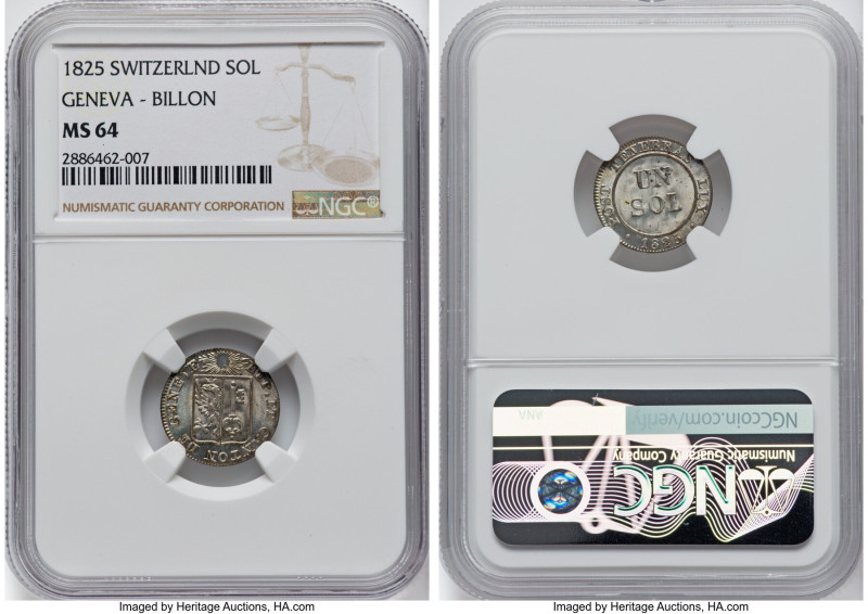 Geneva. Canton Sol 1825 MS64 NGC, KM120, HMZ 2-359c. This beautiful Swiss billon...