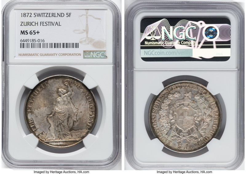 Confederation "Zurich Shooting Festival" 5 Francs 1872 MS65+ NGC, KM-XS11, Häb-1...