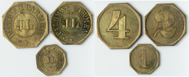 Hacienda Palomas Carmen 3-Piece Uncertified brass Token Set ND (c. 1897) UNC, In...