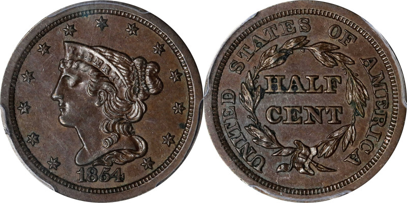 1854 Braided Hair Half Cent. MS-62 BN (PCGS).
PCGS# 1230. NGC ID: 26YY.

Esti...