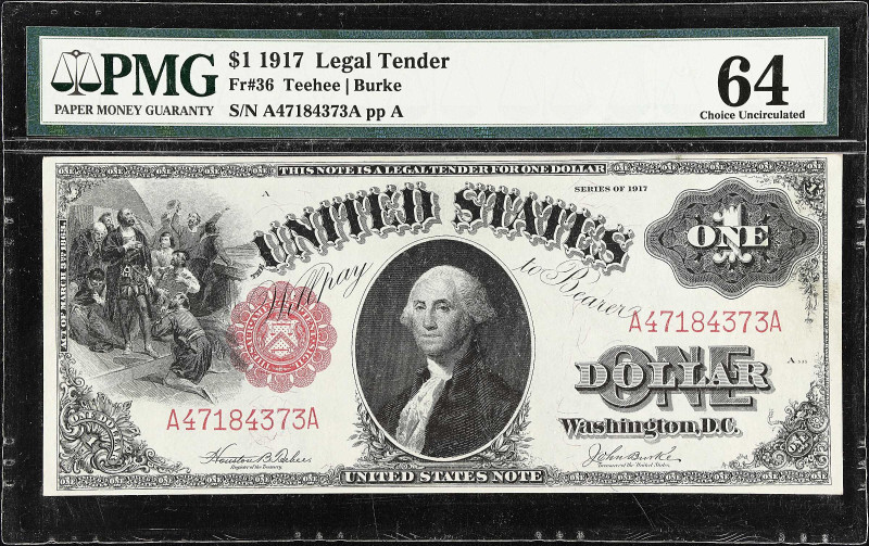 Fr. 36. 1917 $1 Legal Tender Note. PMG Choice Uncirculated 64.
A popular WWI er...