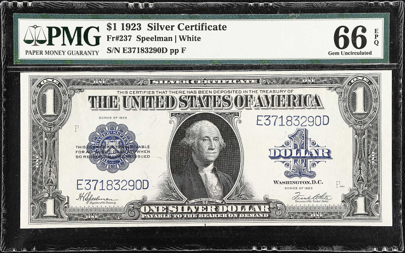 Fr. 237. 1923 $1 Silver Certificate. PMG Gem Uncirculated 66 EPQ.
Blast white p...