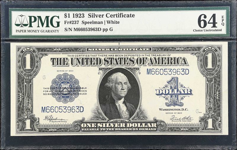 Fr. 237. 1923 $1 Silver Certificate. PMG Choice Uncirculated 64 EPQ.
PMG commen...