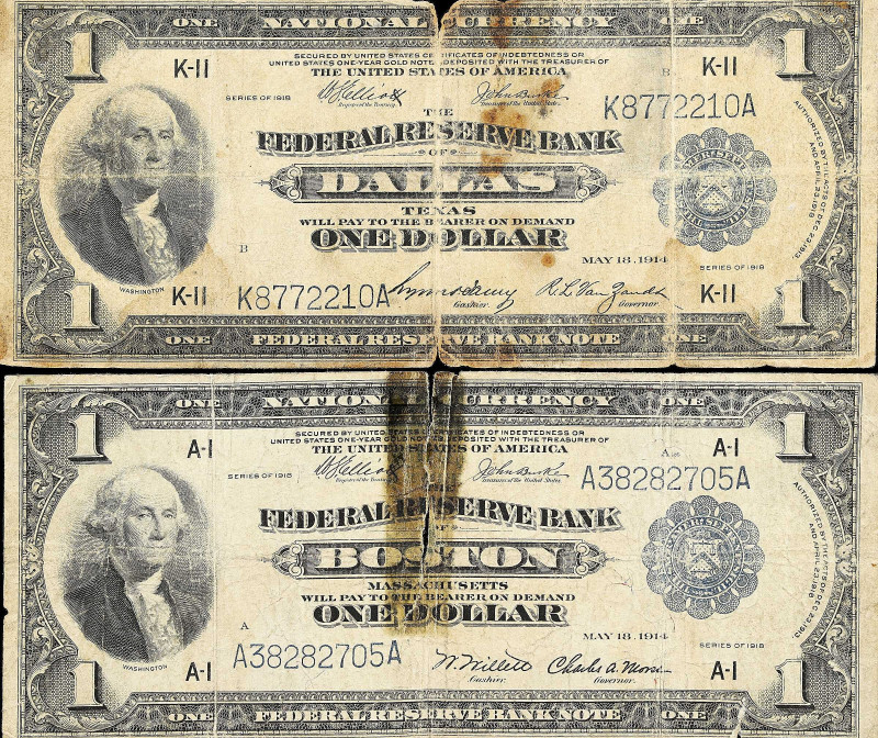 Lot of (2). Fr. 710 & 742. 1918 $1 Federal Reserve Bank Notes. Boston & Dallas. ...