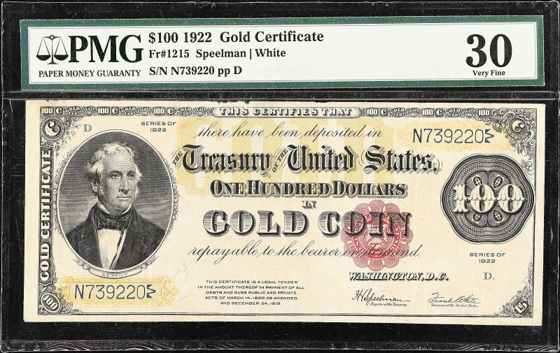 Fr. 1215. 1922 $100 Gold Certificate. PMG Very Fine 30.
A Gold Certificate deno...