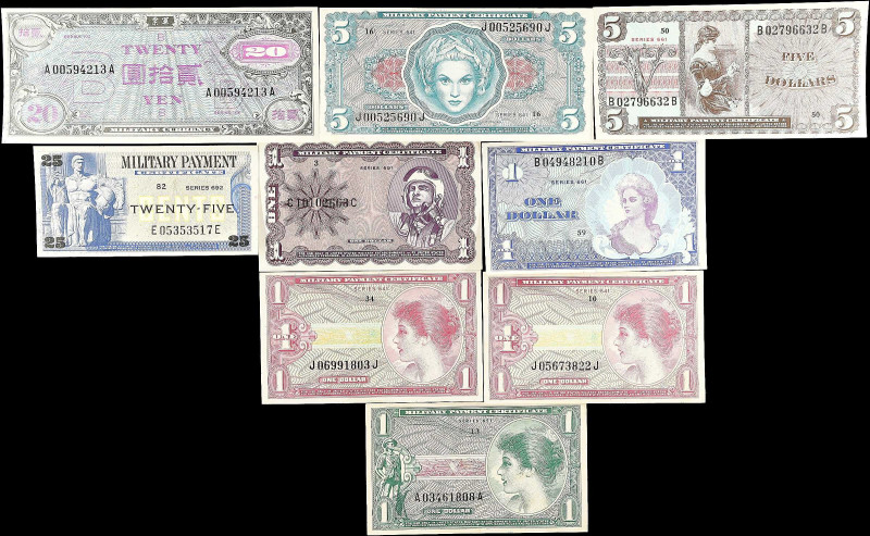 Lot of (9) Military Payment Certificates. Mixed Series. Mixed Denominations. Ver...