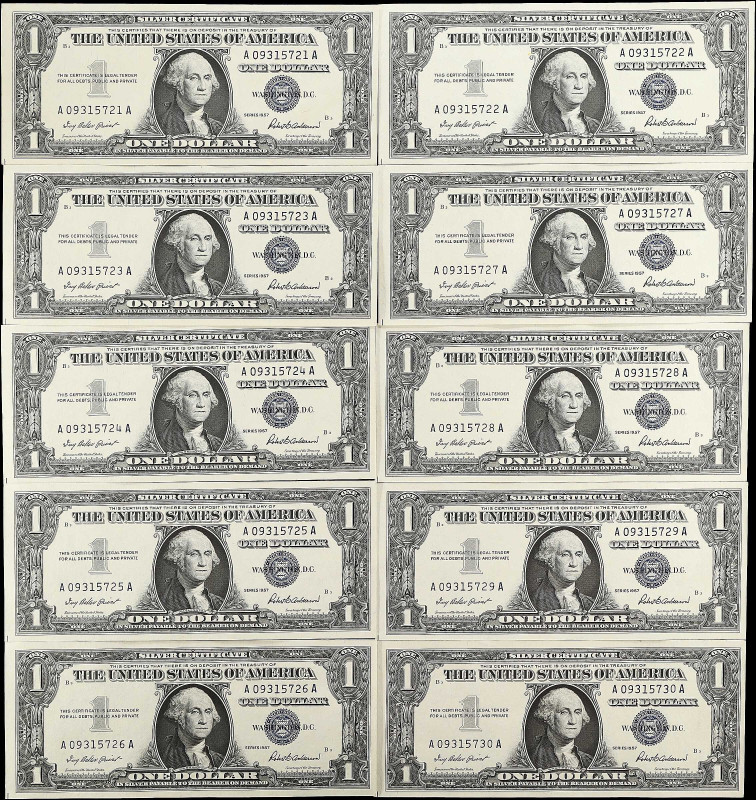 Lot of (10) Fr. 1619. 1957 $1 Silver Certificate. Uncirculated. Consecutive.

...