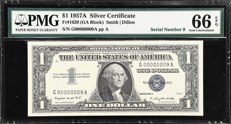 Fr. 1620. 1957A $1 Silver Certificate. PMG Gem Uncirculated 66 EPQ. Serial Numbe...