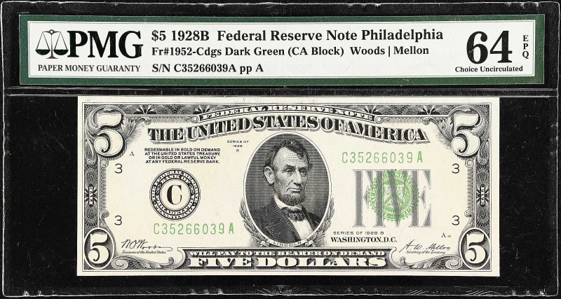 Fr. 1952-Cdgs. 1928B Dark Green Seal $5 Federal Reserve Note. Philadelphia. PMG ...