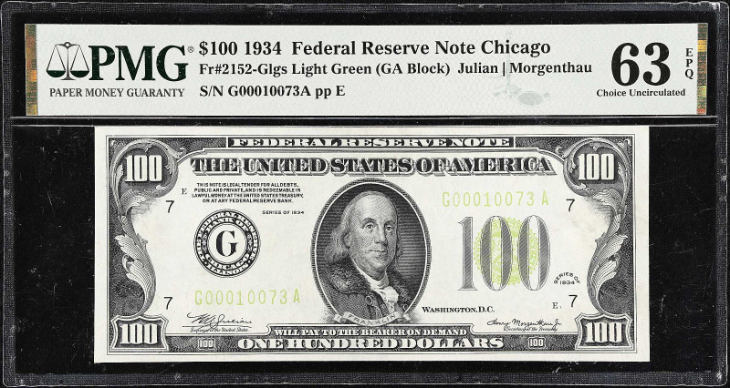 Fr. 2152-Glgs. 1934 Light Green Seal $100 Federal Reserve Note. Chicago. PMG Cho...