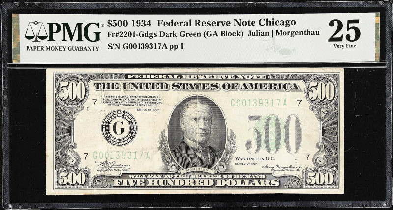 Fr. 2201-Gdgs. 1934 Dark Green Seal $500 Federal Reserve Note. Chicago. PMG Very...