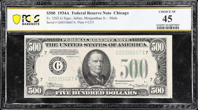 Fr. 2202-G. 1934A $500 Federal Reserve Mule Note. Chicago. PCGS Banknote Choice ...