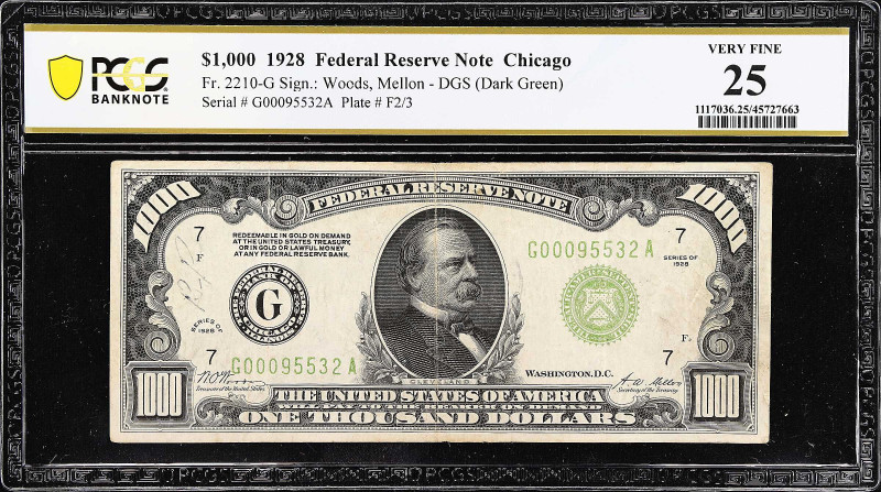 Fr. 2210-G. 1928 Dark Green Seal $1000 Federal Reserve Note. Chicago. PCGS Bankn...