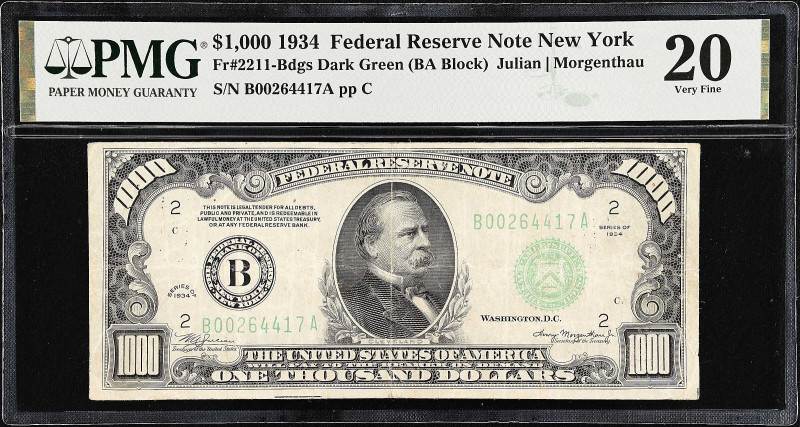 Fr. 2211-Bdgs. 1934 Dark Green Seal $1000 Federal Reserve Note. New York. PMG Ve...