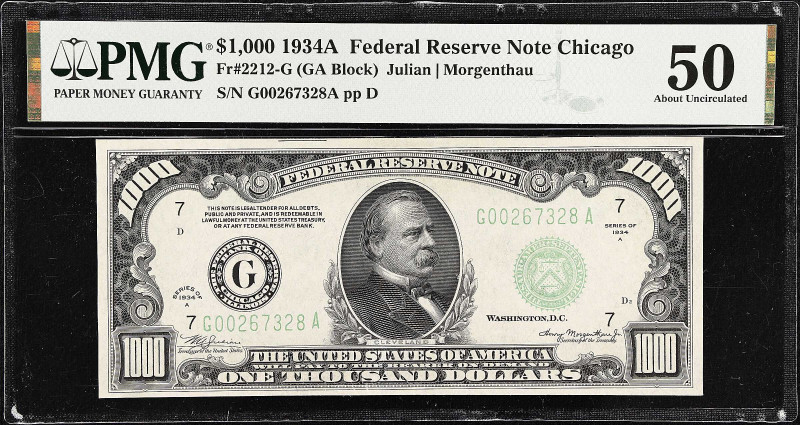 Fr. 2212-G. 1934A $1000 Federal Reserve Note. Chicago. PMG About Uncirculated 50...