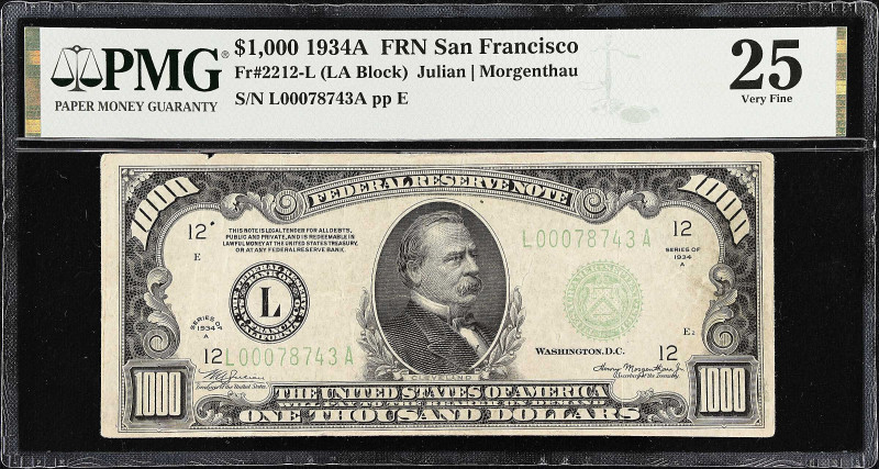 Fr. 2212-L. 1934A $1000 Federal Reserve Note. San Francisco. PMG Very Fine 25.
...