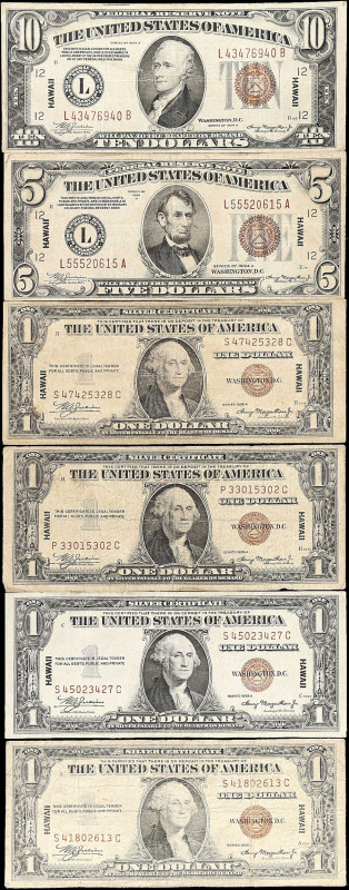 Lot of (6) Fr. 2300, 2302 & 2303. 1934A & 1935A $1, $5 & $10 Hawaii Emergency No...