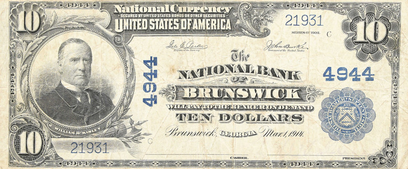 Brunswick, Georgia. $10 1902 Plain Back. Fr. 631. The NB. Charter #4944. Fine.
...