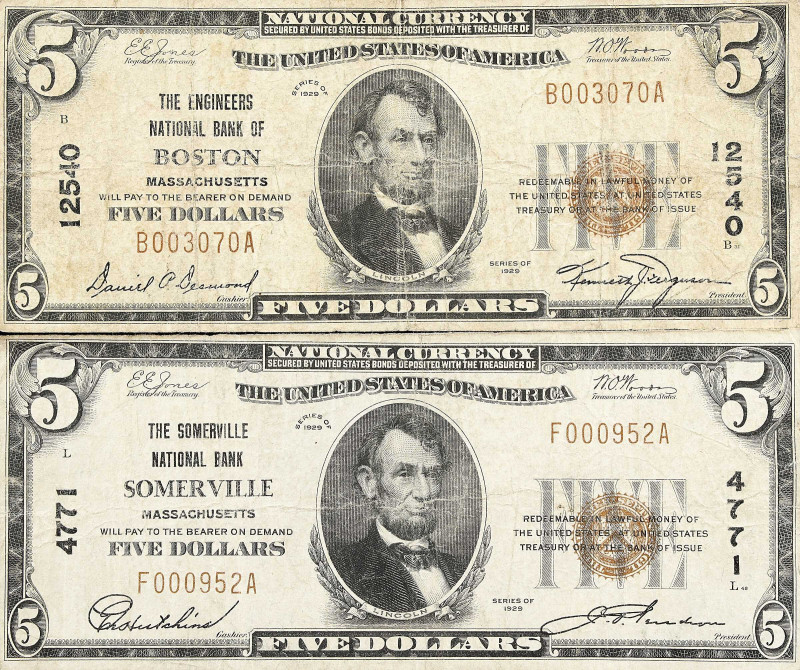 Lot of (2) Massachusetts Nationals. $5 1929 Ty. 1. Fr. 1800-1. Charter #4771 & 1...