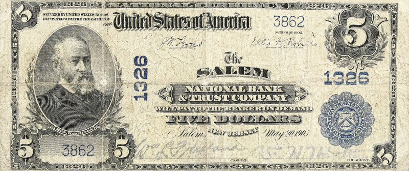 Salem, New Jersey. $5 1902 Plain Back. Fr. 598. The Salem National Banking Compa...