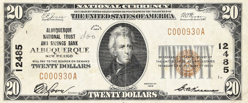 Albuquerque, New Mexico. $20 1929 Ty. 1. Fr. 1802-1. Albuquerque National Trust ...