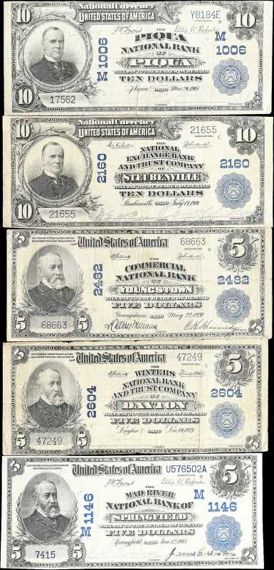 Lot of (5) Ohio Nationals. $5 & $10 1902 Date & Plain Back. Fr. 590, 607, 608, 6...