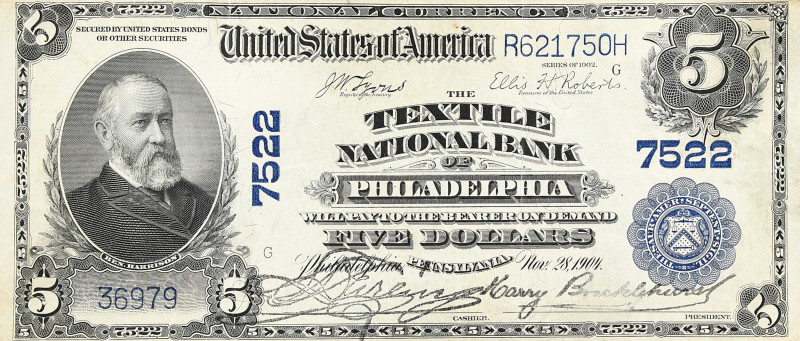 Philadelphia, Pennsylvania. $5 1902 Plain Back. Fr. 598. The Textile NB. Charter...