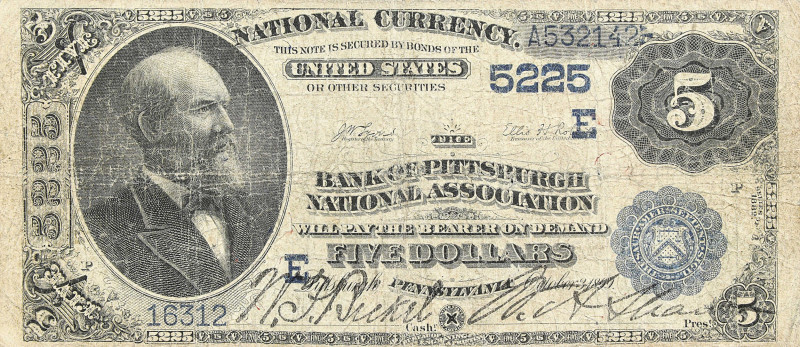 Pittsburgh, Pennsylvania. $5 1882 Date Back. Fr. 537. The Bank of Pittsburgh, Na...