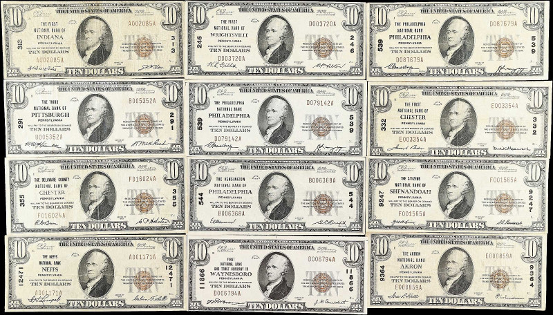 Lot of (12) Pennsylvania Nationals. $10 1929 Ty. 1. Fr. 1801-1. Fine to Extremel...