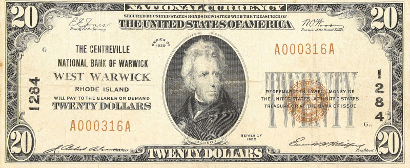 West Warwick, Rhode Island. $20 1929 Ty. 1. Fr. 1802-1. The Centreville NB of Wa...